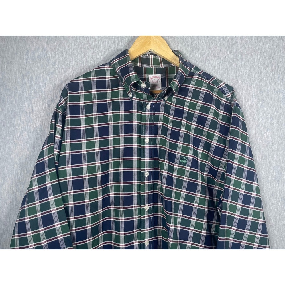 Brooks Brothers Mens Large Non-Iron Cotton Plaid Button Down Shirt Navy Green